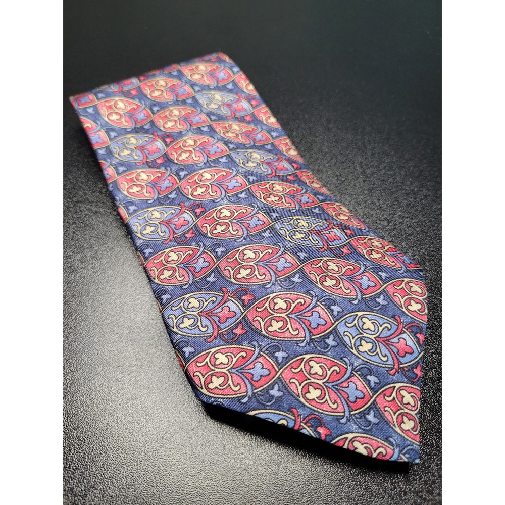 Christian Dior Men's Necktie Blue Red Medallion Silk 3.75x57 Excellent